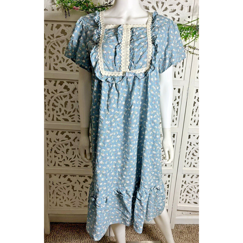 Ullala Women’s Cottagecore Blue Tan Floral Ruffle House Dress Size Free